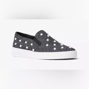 Michael Kors Keaton Flannel/Pearls Embellished Slip On Sneaker, Charcoal 8.5